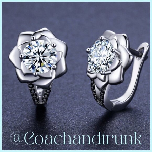 Sterling Silver Flower Lever Back Earrings White Crystal Black Spinel Stones NWT - Picture 2 of 4